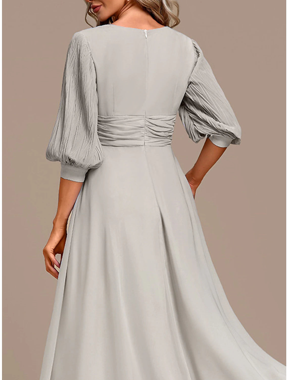 Vestido de fiesta para mujer, vestido de encaje, vestido de invitada de boda, vestido largo, vestido maxi, gris, manga 3/4, color puro, fruncido, primavera, otoño e invierno, cuello en V, moda